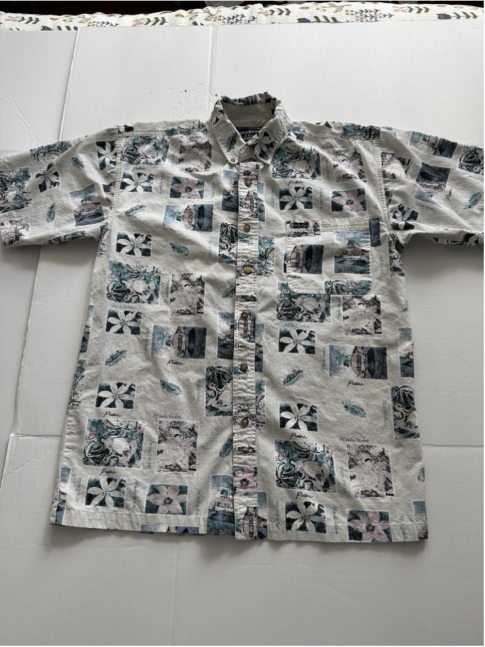 North River Mens Shirt L Blue White Tropical Print Short Sleeve Button Up Pocket